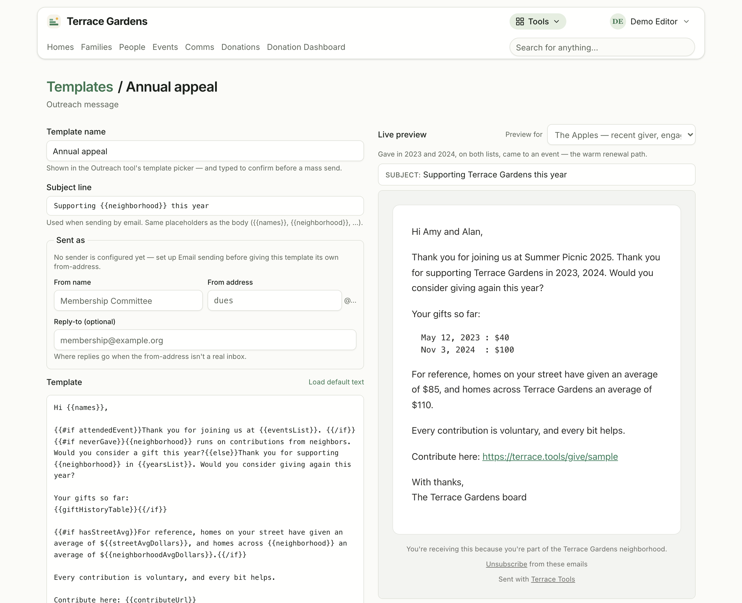 The email template editor in Terrace Tools: a template with two plain if-else conditions on the left, the rendered message for a sample family on the right.